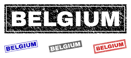 Grunge BELGIUM rectangle stamp seals isolated on a white background. Rectangular seals with grunge texture in red, blue, black and grey colors.