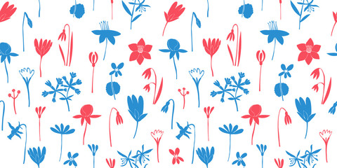 Spring flowers colour seamless vector pattern. Scandinavian style print. Hand drawn illustrations