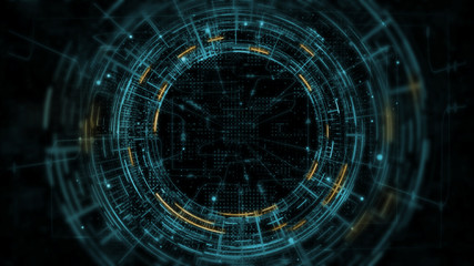 3D Rendering of abstract technology product showcase. Glowing yellow and blue color Sci-fi circle circuit hud on dark background. For technology, big data, deep machine learning, crypto currency.