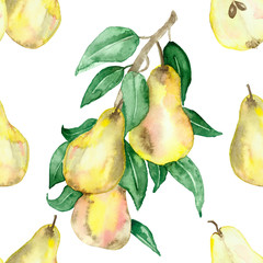 Watercolor painting is a Botanical illustration of a pear tree with juicy fruits and green leaves on branches isolated on a white background. Hand painted fruit branches. Seamless pattern
