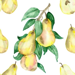Wallpaper murals Watercolor fruits Watercolor painting is a Botanical illustration of a pear tree with juicy fruits and green leaves on branches isolated on a white background. Hand painted fruit branches. Seamless pattern