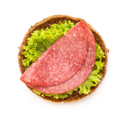 Sandwich with salami sausage on white background.