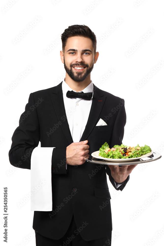 Wall mural waiter with salad on white background