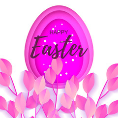 Happy Easter greeting card. Purple paper cut egg shape with shadow on white background. Vector illustration.