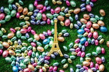 color Chocolate Easter eggs and Golden Eiffel tower souvenir
