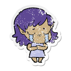 distressed sticker of a cartoon crying elf girl