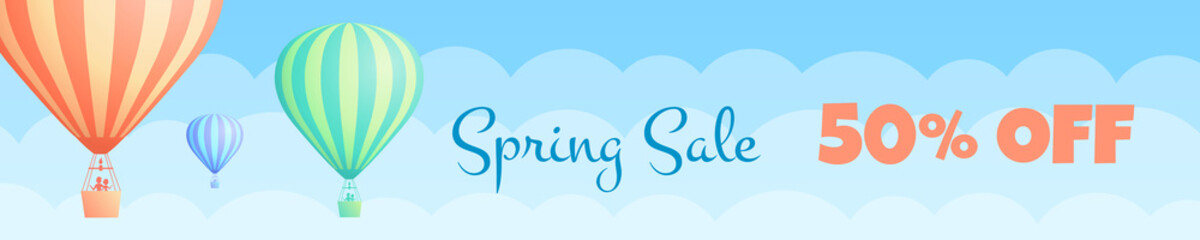 Hot air balloon travel sale vector illustration White clouds on spring blue sky with big sign Spring Sale, colorful striped hot air balloon with couple for sale discount offer. Clipping mask applied.