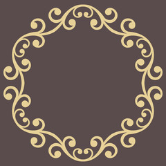 Oriental vector round frame with arabesques and floral elements. Floral golden border with vintage pattern. Greeting card with place for text