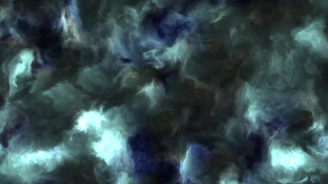 Loopable 4k video of stormy blue and cyan clouds in a nebula in space, slowly moving, forming and dissolving, 4k, 3840p, 24fps