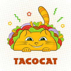 Tacocat happy character mexican fastfood taco symbol vector illustration. Smile cat mascot with tasty beef meat, salad and tomato in traditional taco with sign Tacocat for website landing promo