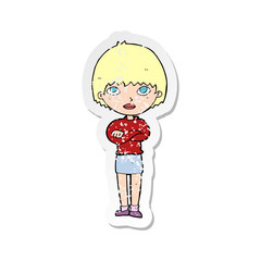 retro distressed sticker of a cartoon woman with crossed arms
