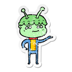 distressed sticker of a friendly cartoon spaceman