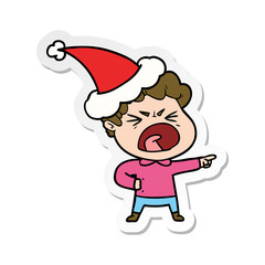 sticker cartoon of a furious man wearing santa hat