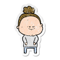 distressed sticker of a cartoon happy old woman