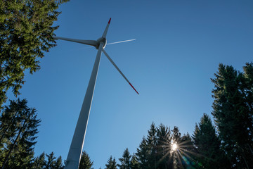 Windrad mit Sonne und Flugzeug