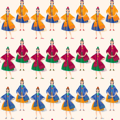 Bolivian women in traditional clothes. Seamless background pattern.