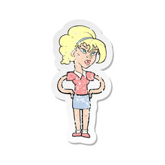 retro distressed sticker of a cartoon woman with hands on hips