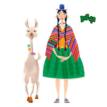 Bolivian woman in traditional clothes and Lama Alpaca.