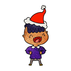 textured cartoon of a happy boy laughing wearing santa hat