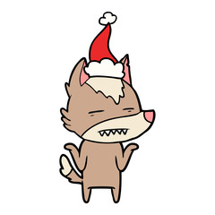 line drawing of a wolf showing teeth wearing santa hat