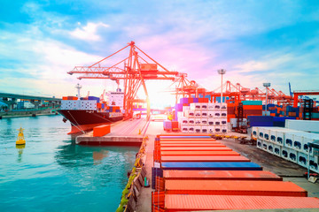 Naklejka premium Busan port at South Korea : container loading port to cargo ship 