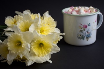 Narcissus bouquet and container with marshmallows on the black background