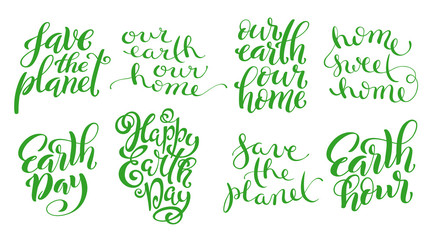 Set of quotes for Earth day. Template for poster with handdrawn lettering. Vector.