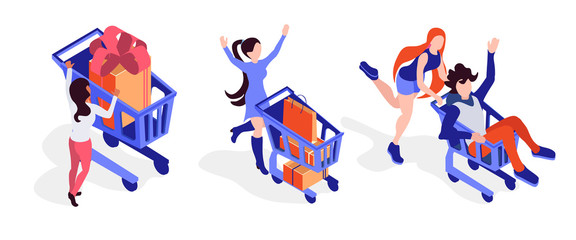 Isometric happy people with shopping bags and cart. Girl looking on cart. Purchases and box. Couple running with cart. Illustration on a white background