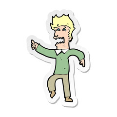 sticker of a cartoon frightened man pointing