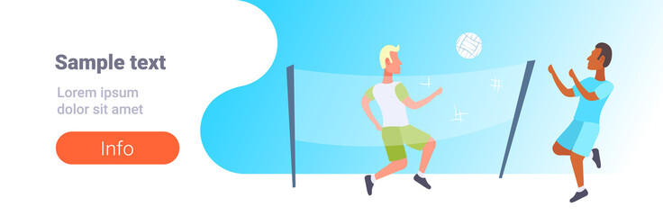 mix race men couple playing volleyball guys with volley ball having fun on beach active lifestyle summer vacation concept male characters full length seaside horizontal copy space