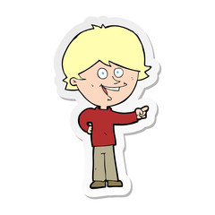 sticker of a cartoon boy laughing and pointing