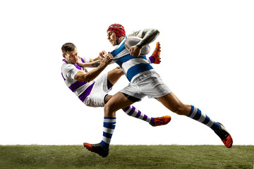 The silhouette of two caucasian rugby male players isolated on white background. Studio shot of fit men in motion or movement with ball. Jump and action concept. An incredible strain of all forces. - obrazy, fototapety, plakaty