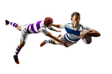 Fototapeta na wymiar The silhouette of two caucasian rugby male players isolated on white background. Studio shot of fit men in motion or movement with ball. Jump and action concept. An incredible strain of all forces.