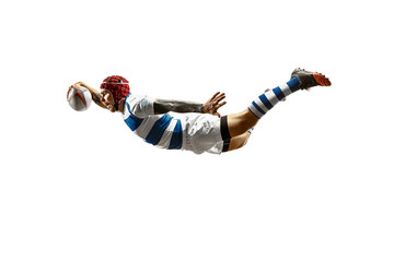 The silhouette of one caucasian rugby male player isolated on white background. Studio shot of fit...