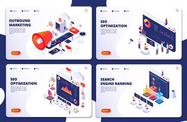 Fototapeta Search engine rank, seo optimization vector isometric landing pages. Seo marketing and analytics, online ranking result. Search engine rank banner, loudspeaker for promote illustration obraz