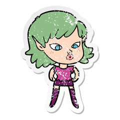 distressed sticker of a pretty cartoon elf girl