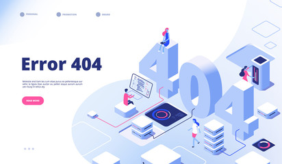 404 isometric page. Not working error lost not found 404 sign problem landing vector design. Illustration of 404 error page, 3d isometry webpage - obrazy, fototapety, plakaty