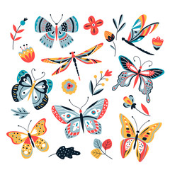 Butterfly on flowers. Insect dragonflies butterflies moth and flower hand drawn, sketch vector isolated set. Butterfly and dragonfly illustration - obrazy, fototapety, plakaty