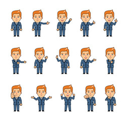 Set of diverse chibi man characters showing different hand gestures. Funny blonde businessman pointing, greeting, showing thumb up, stop sign and other hand gestures. Simple vector illustration