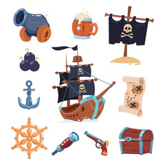 Vector pirate paraphernalia isolated on white background. Pirate boat, skull and ancho illustration - obrazy, fototapety, plakaty