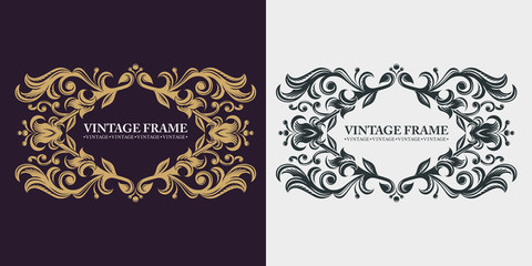 Vintage luxury emblem. Calligraphic elegant line art logo design. Decorative floral pattern. Gold graceful frame. Monogram. Light and dark background. Template for awards, restaurants, hotels.