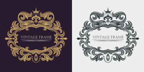 Fototapeta premium Vector golden monogram. Luxurious decorative frame. Wedding invitation. Dark and light background. Heraldic symbols. Business sign, identity for hotel, restaurant, heraldic, boutique, jewelry.