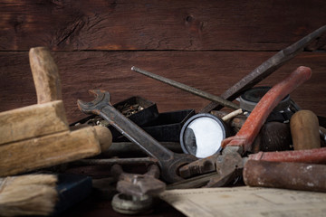 Vintage instrument on the Old Dark Wooden Table. Father's Day Concept