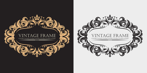 Vector golden monogram. Luxurious decorative frame. Wedding invitation. Dark and light background. Heraldic symbols. Business sign, identity for hotel, restaurant, heraldic, boutique, jewelry.