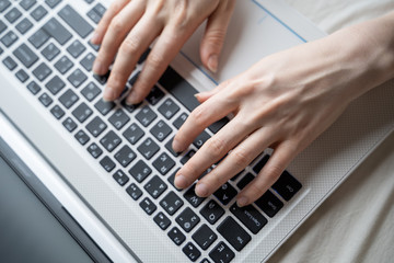 Fototapeta na wymiar business, education, programming, people and technology concept - close up of female hands typing on keyboard
