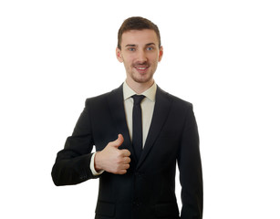 Man in suit shows a sign Thumb Up. Business concept. Isolated.