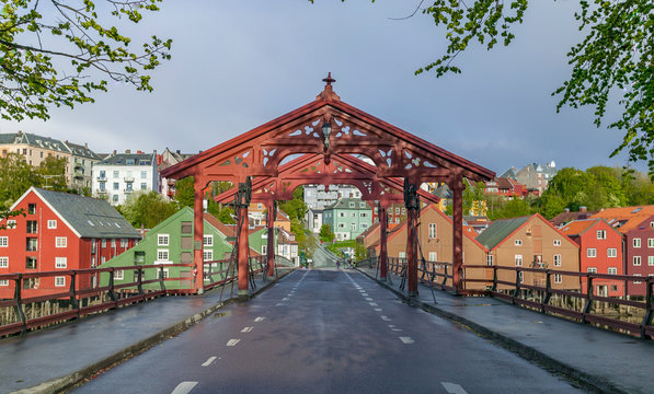 famous downtown with traditional wooden bridge houses in Trondheim, Norway,Scandinavia
