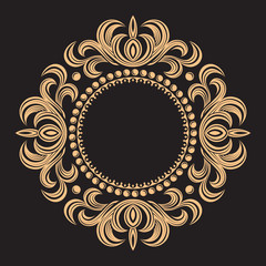 Gold decorative frame. Leafy intertwining vintage ornament. Flowers and leaves. A rich pattern. Luxurious template for monogram, background of initials.