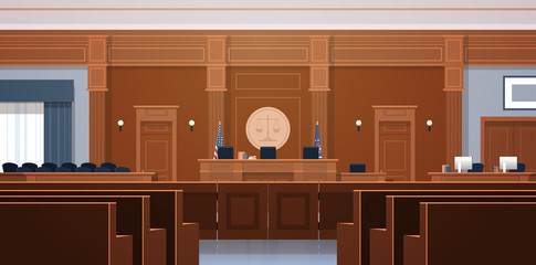 empty courtroom with judge and secretary workplace jury box seats modern courthouse interior justice and jurisprudence concept horizontal - obrazy, fototapety, plakaty