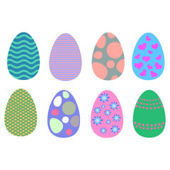 Colorful Easter eggs with different patterns and shapes on white background.